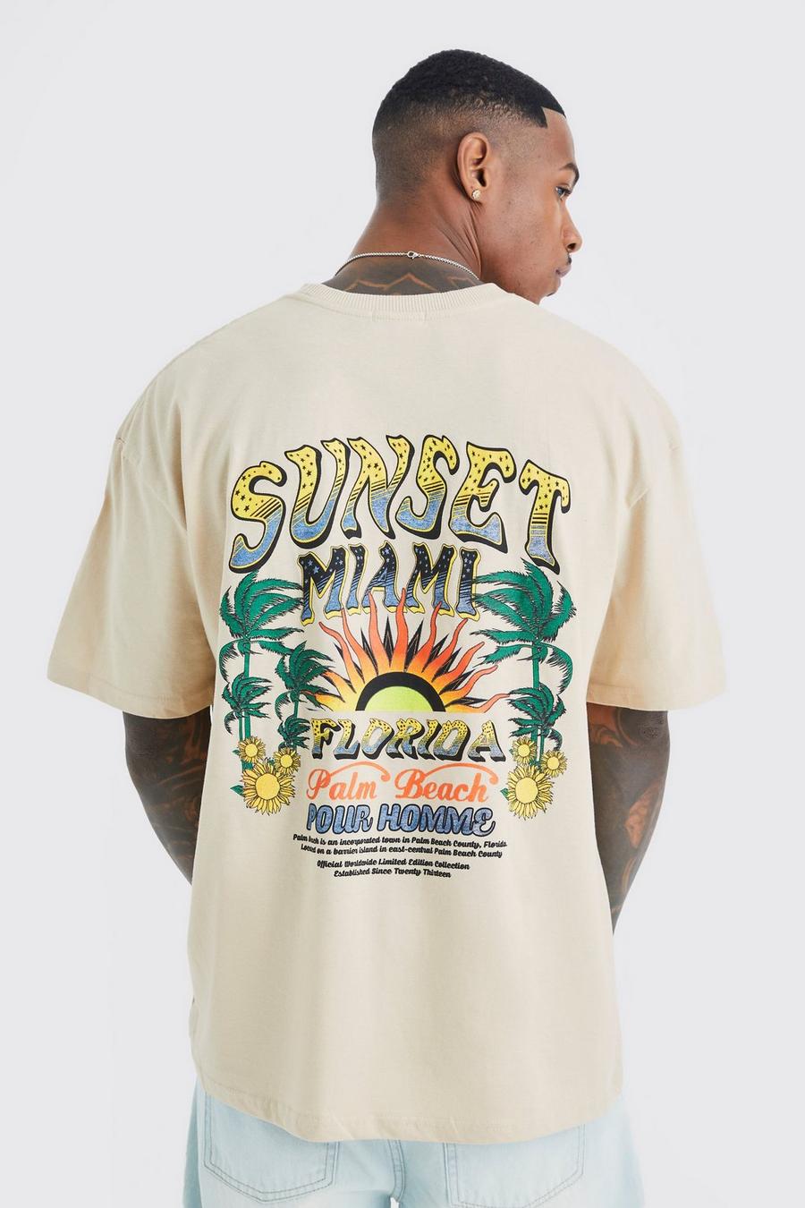 Sand beige Oversized Sunset Miami Print T-shirt
