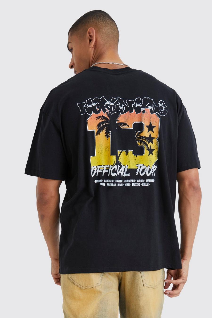 Black Oversized Varsity Palm Print T-Shirt Met Print image number 1