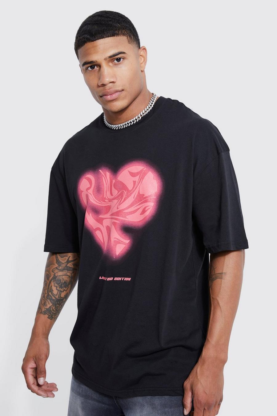Camiseta oversize con estampado gráfico de corazón y estampado efecto mármol, Black image number 1