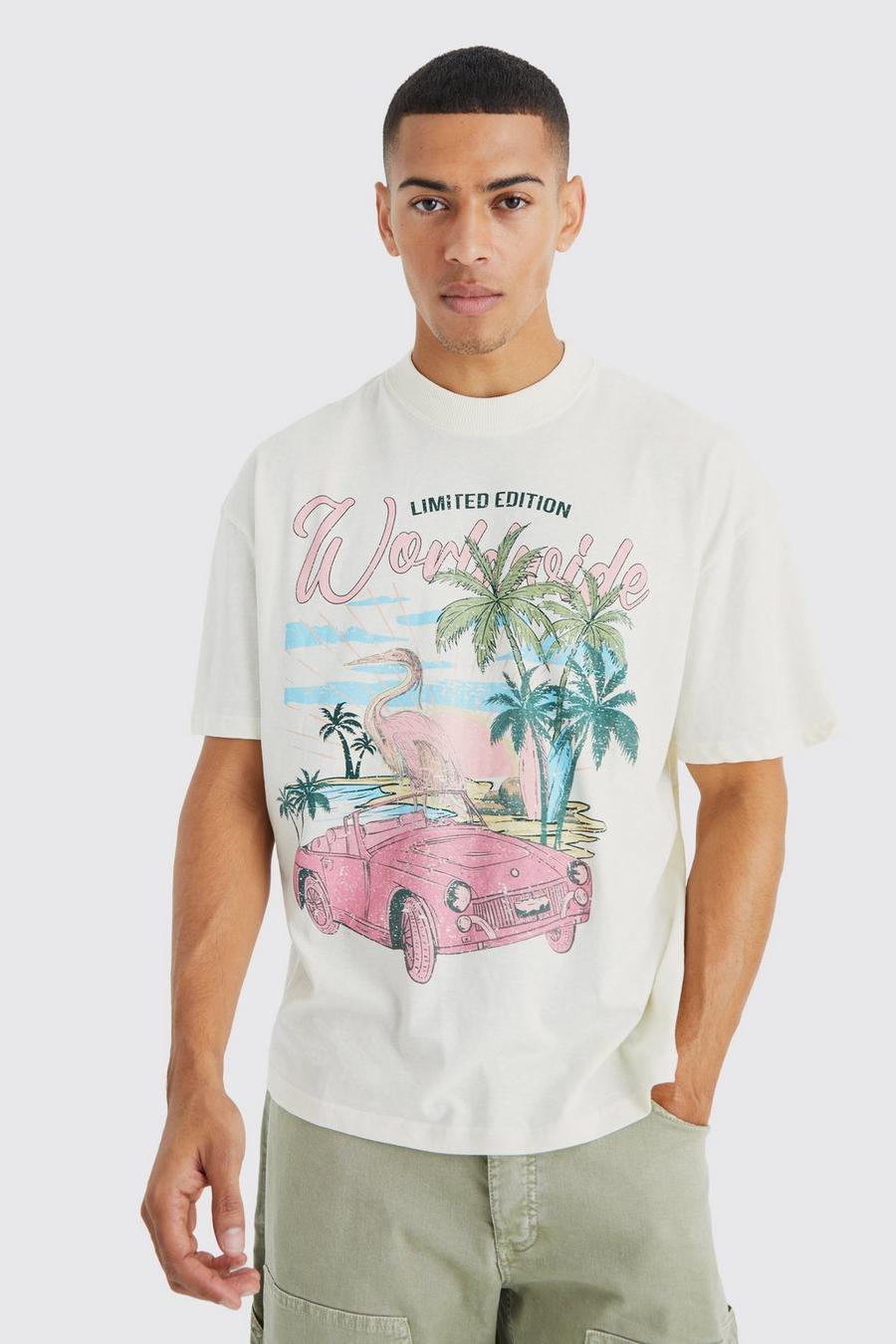 Camiseta oversize gruesa con estampado de palmeras, Ecru blanco