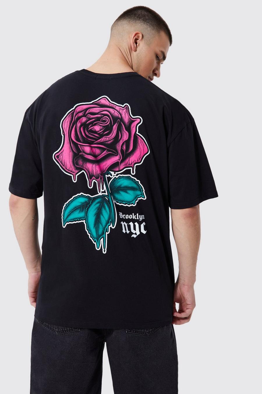 Black Tall Oversized Nyc Rose Back Graphic T-shirt