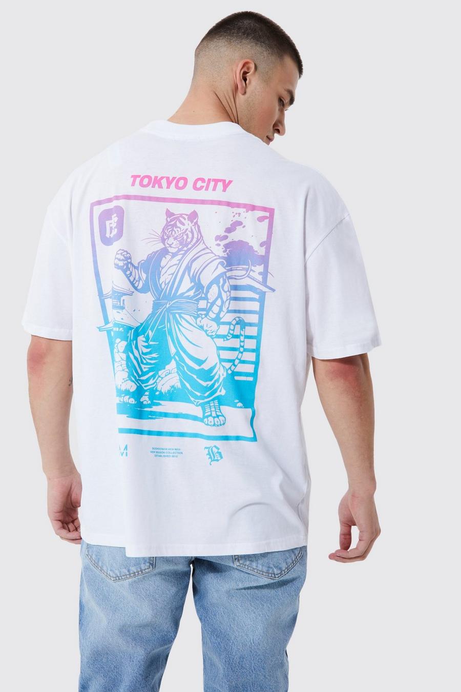 Tall Oversize T-Shirt mit Tokyo-Print, White