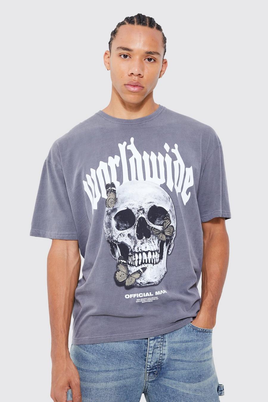 Charcoal grey Tall Oversized Washed Butterfly Skull T-shirt