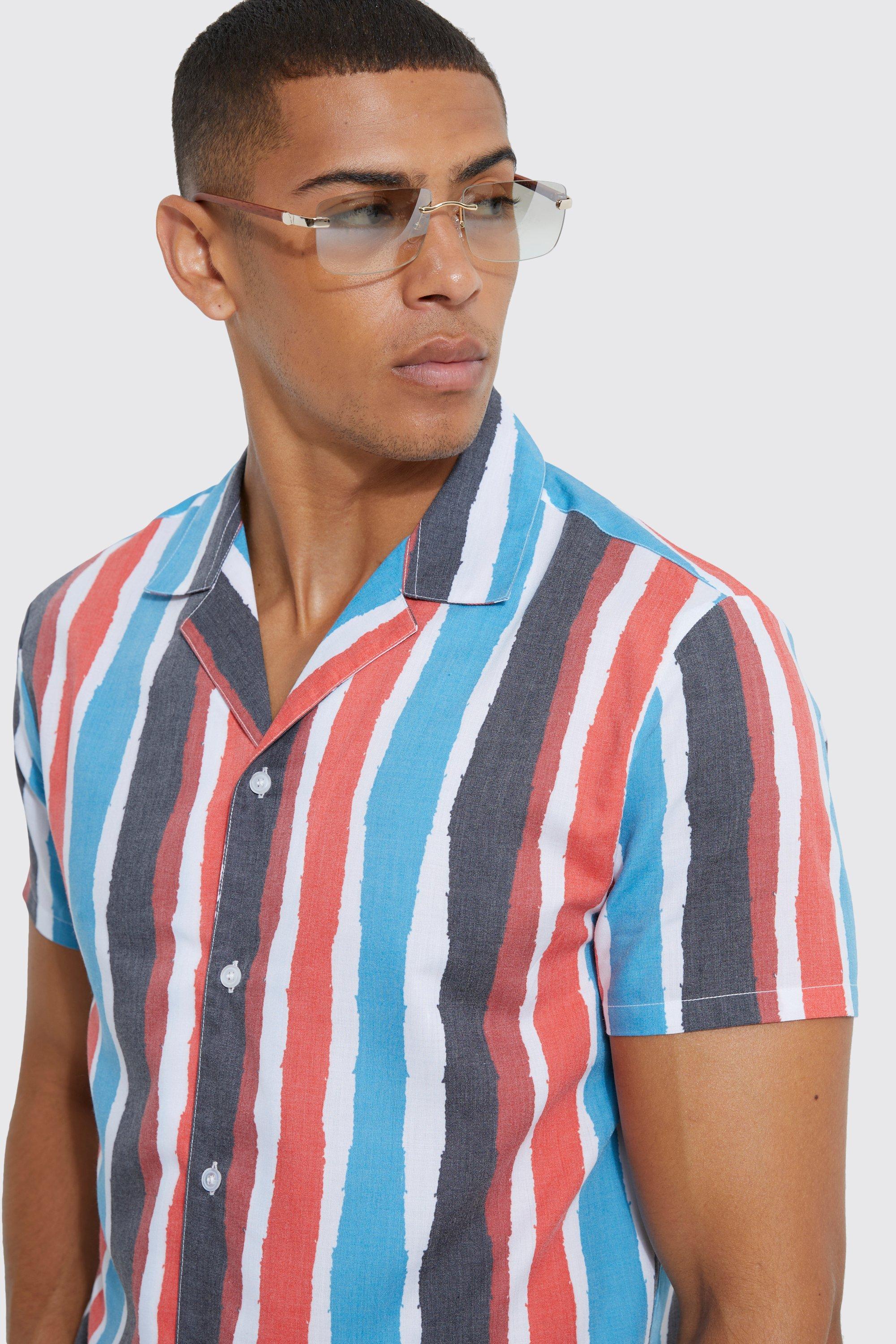 Mens striped short sleeve clearance button up