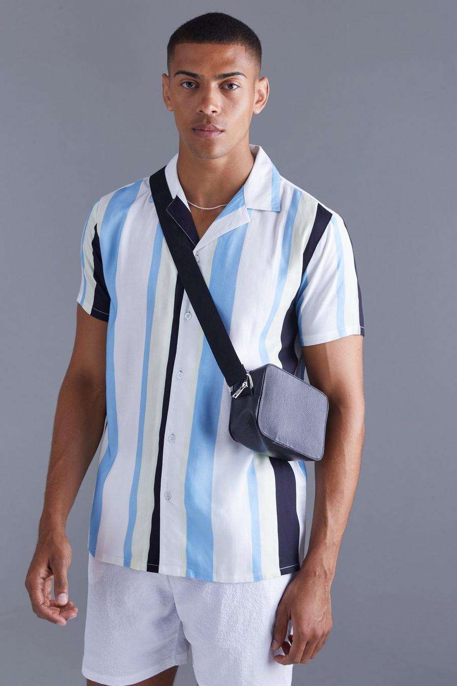 Light blue Short Sleeve Revere Stripe Viscose Shirt