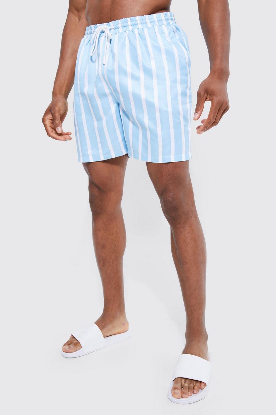 Light blue Mid Length Striped Swim Shorts image number 1