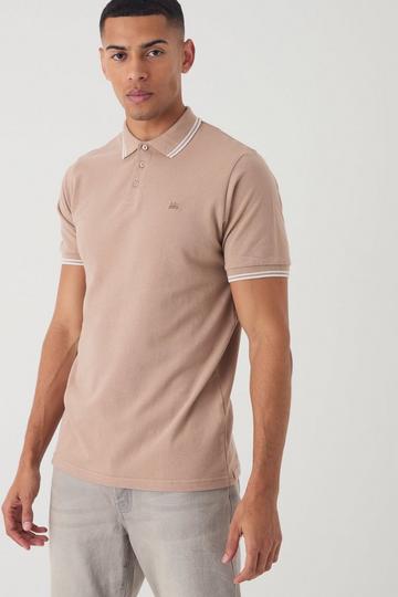 Crown Embroidered Tipped Pique Polo taupe