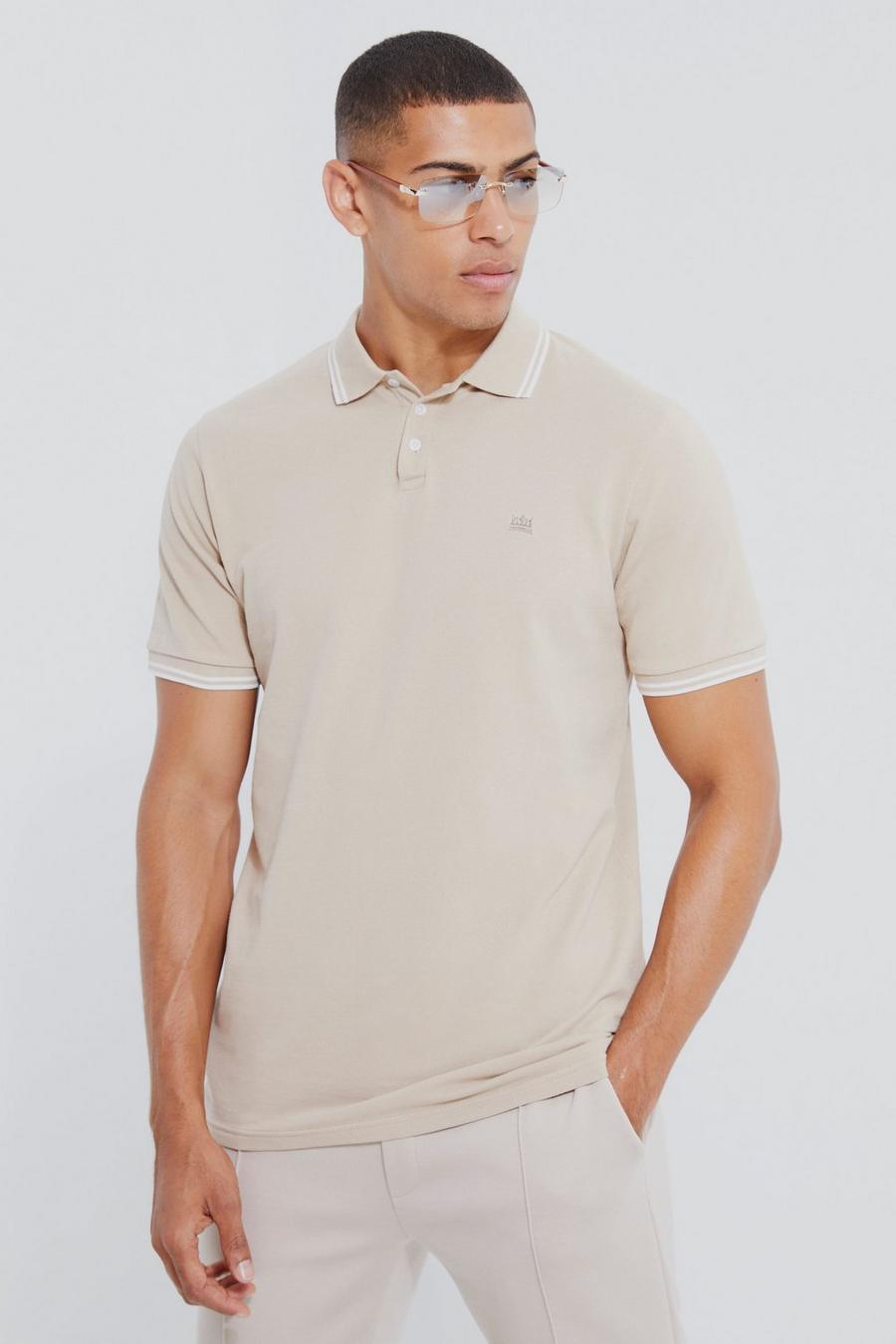 Taupe Crown Embroidered Tipped Pique Polo image number 1