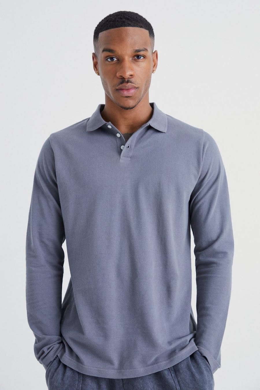 Langärmliges Slim-Fit Pique Poloshirt, Charcoal grey