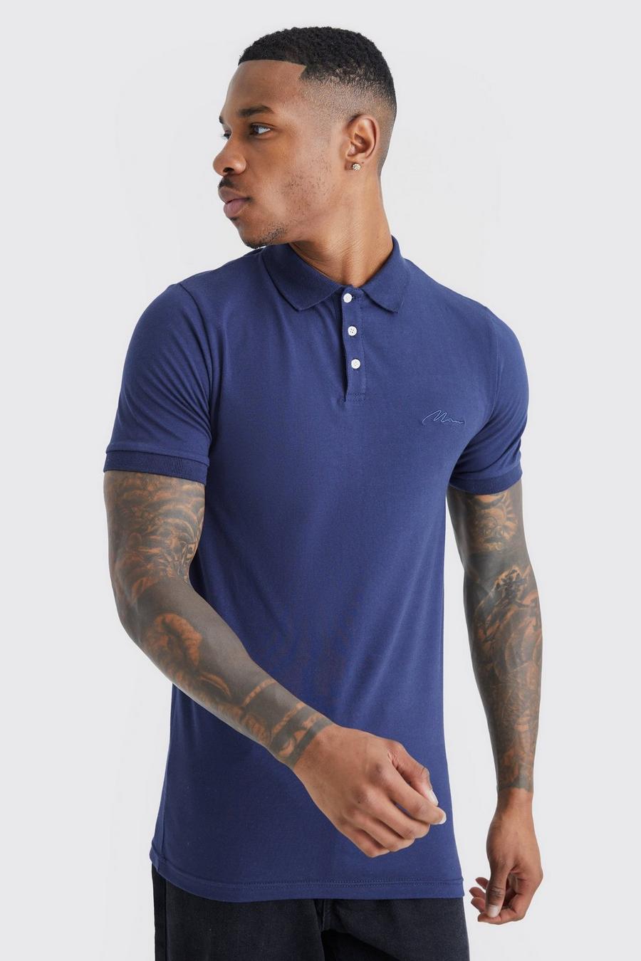 Navy Muscle Fit Man Signature Short Sleeve Polo