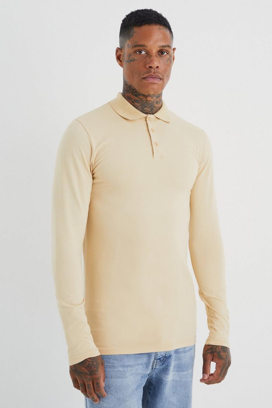 Sand beige Muscle Fit Long Sleeve Polo