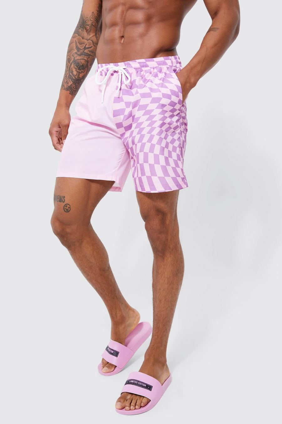Lilac purple Mid Length Spliced Checkerboard Swim Shorts