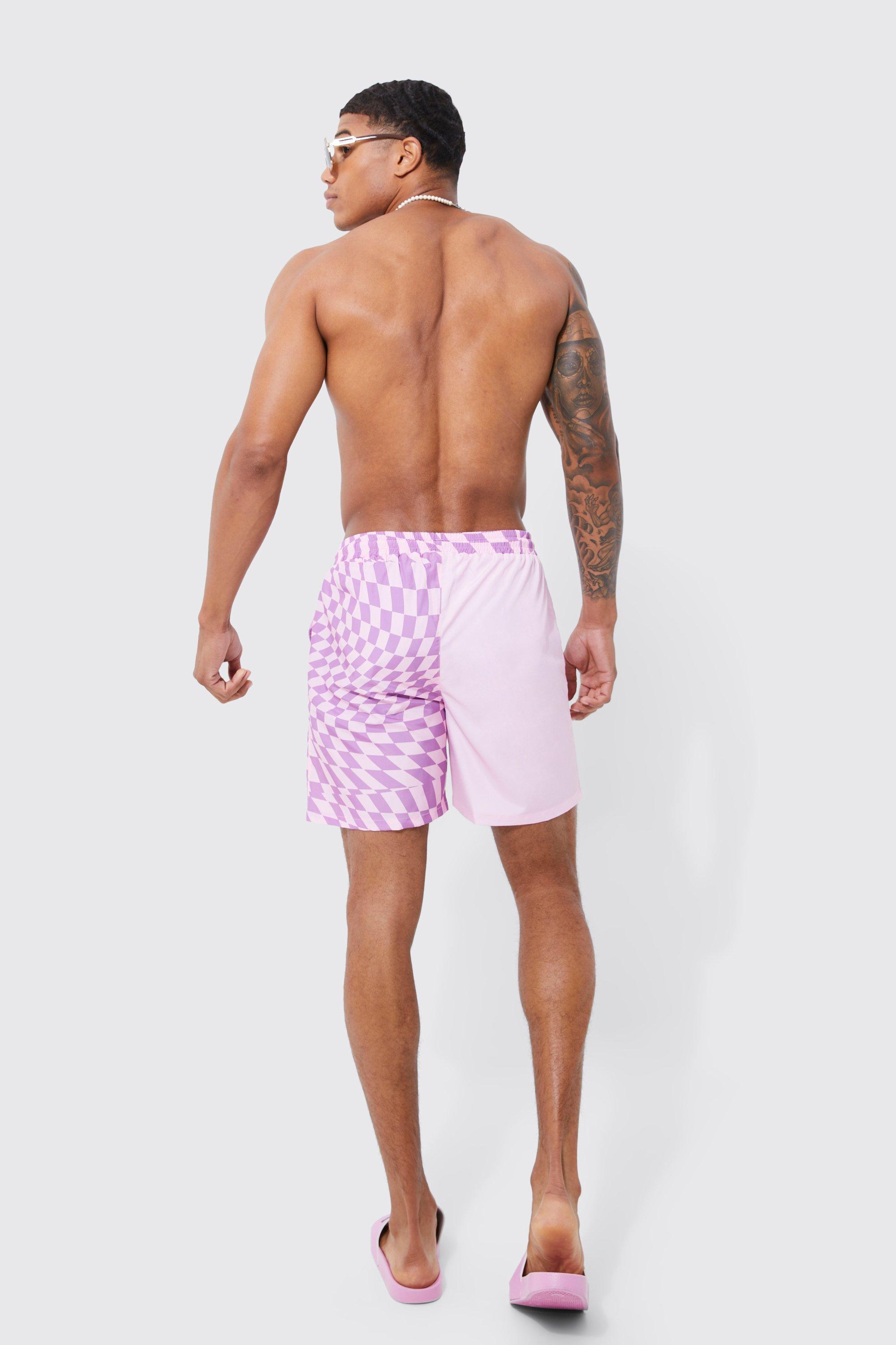 Mens Pink & White Mid-Length Swim Shorts