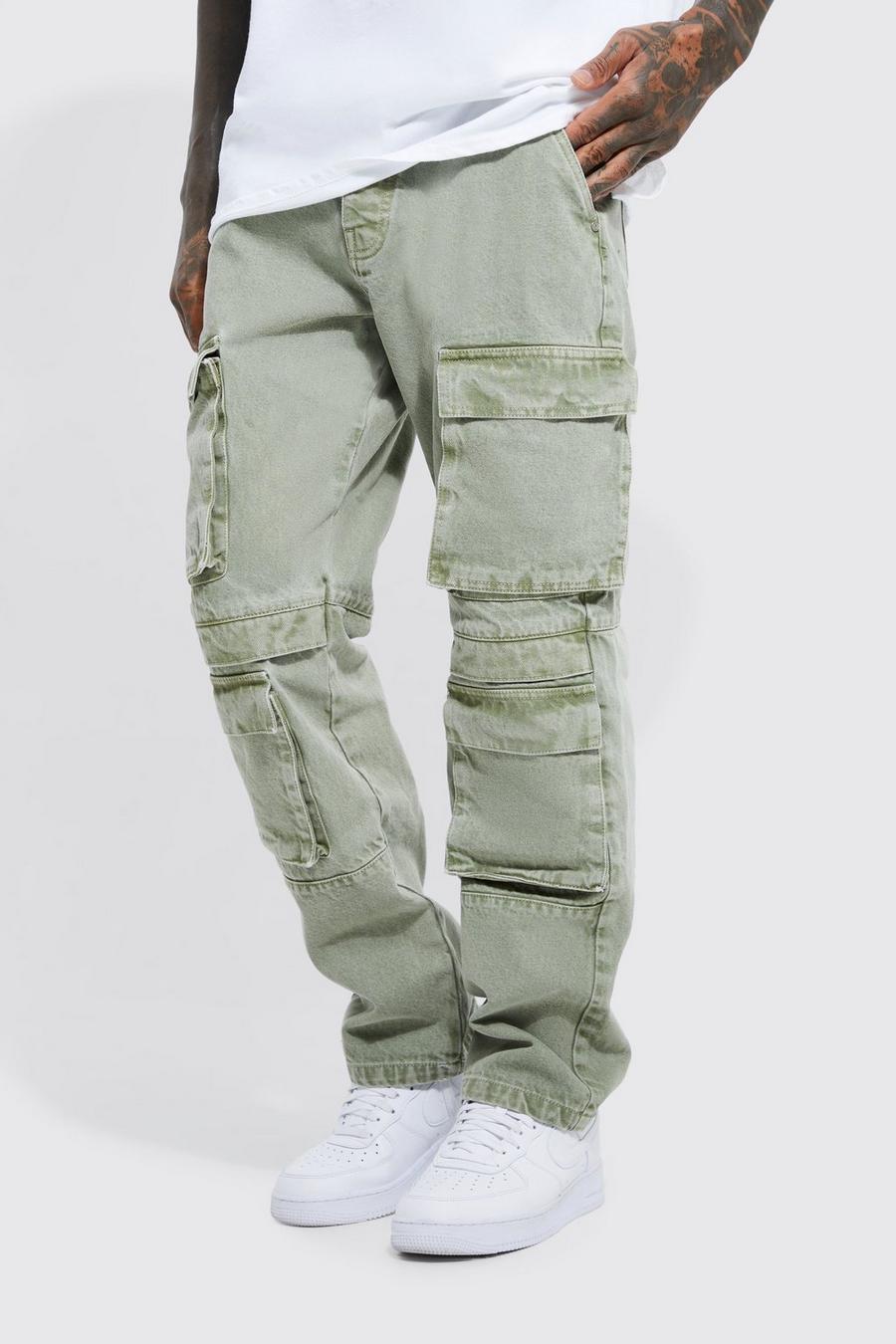 Sage grön Relaxed Fit Washed Multi Pocket Cargo Jeans image number 1