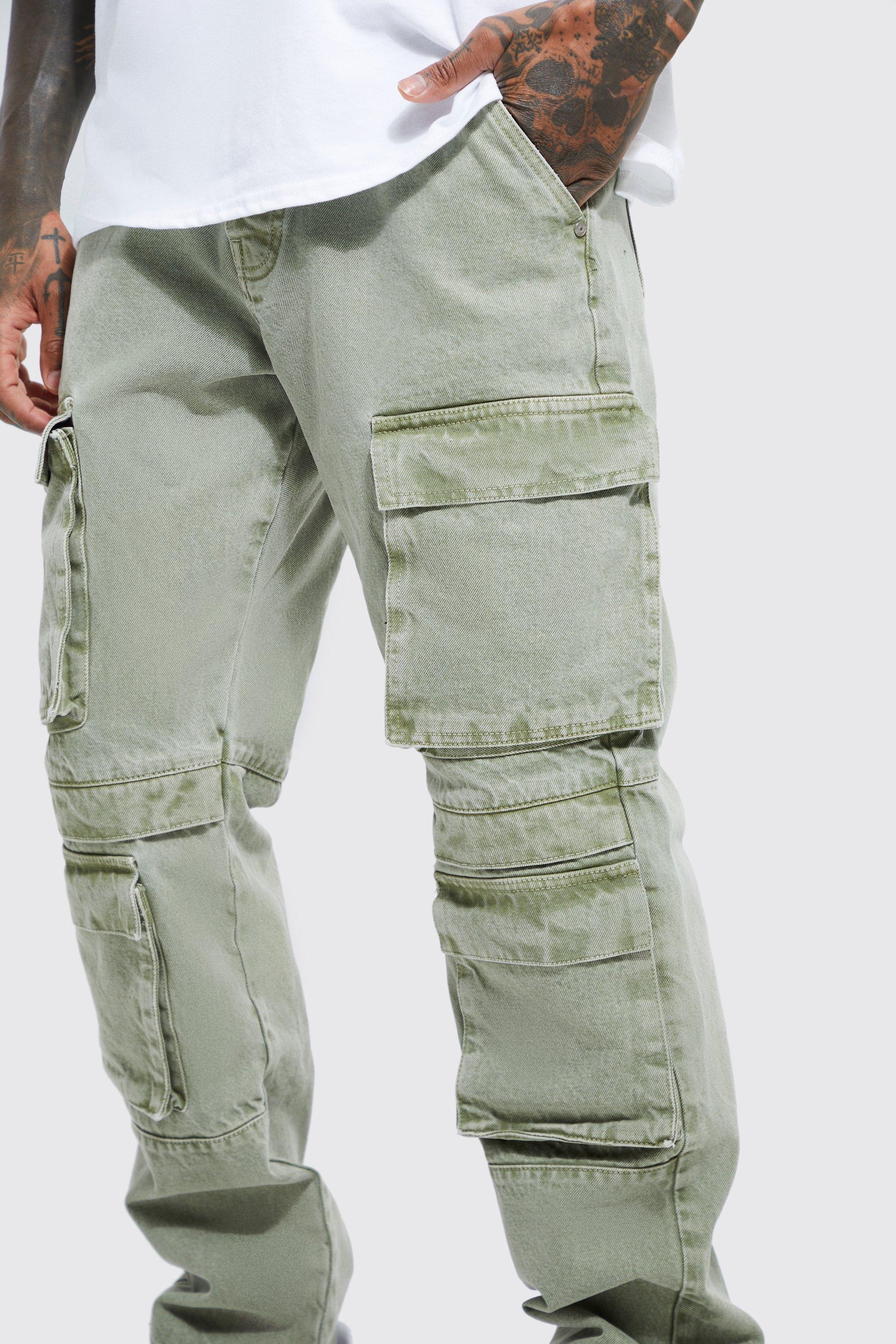 Mens Non-Ripped Stretch Cargo Jeans Denim Multi Pocket Pants