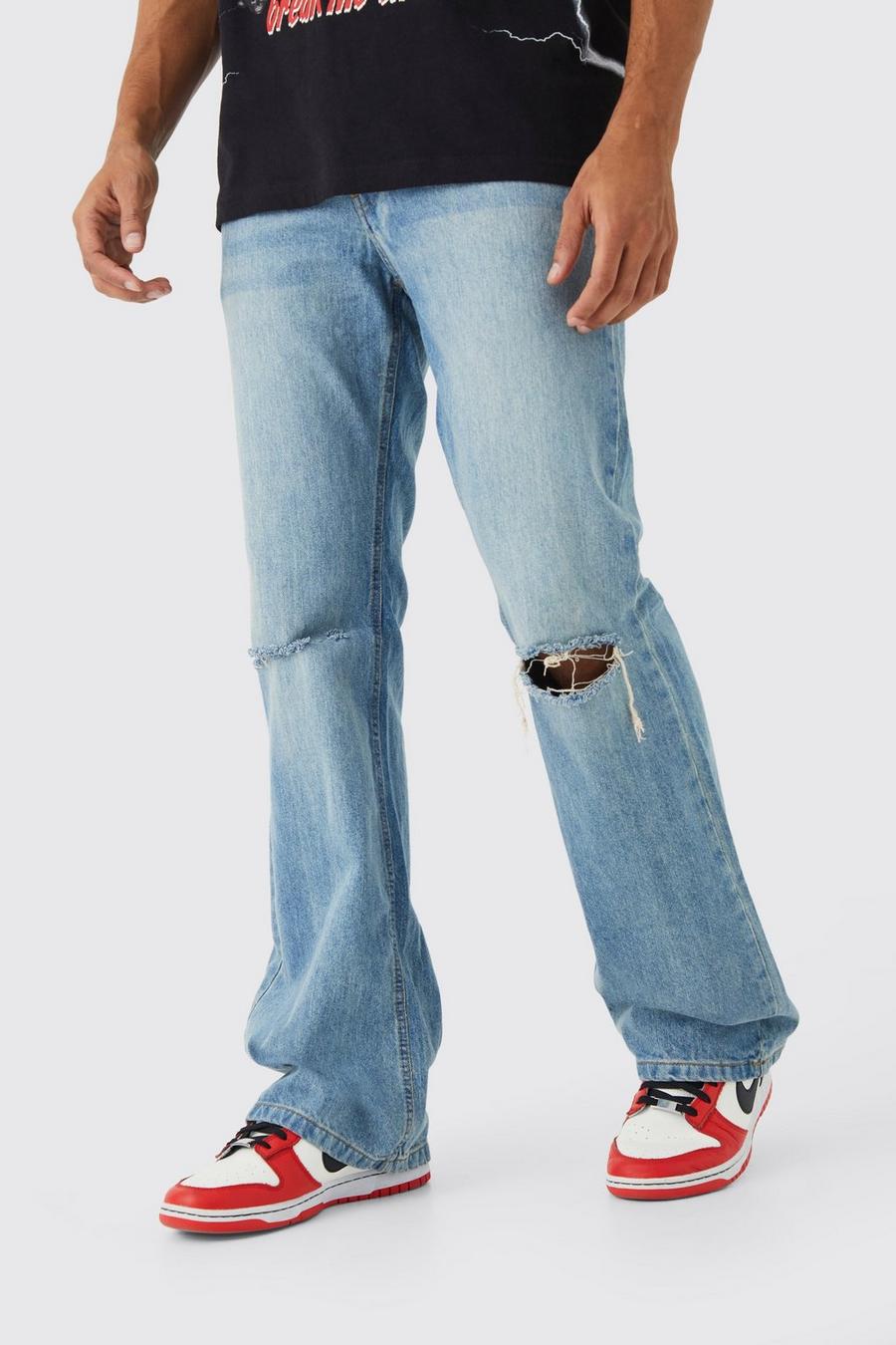 Jeans a zampa extra comodi in denim rigido, Antique wash azzurro