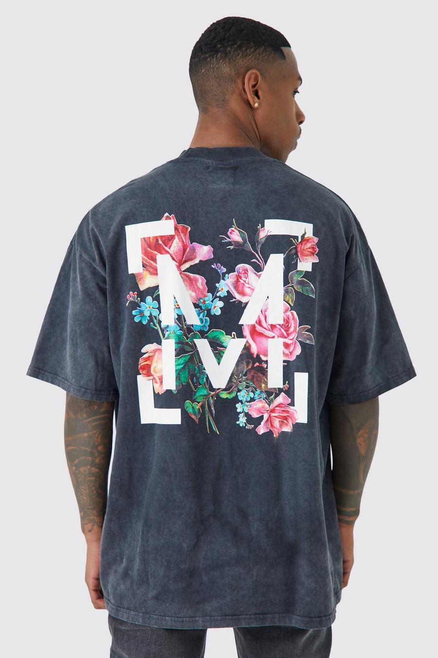 Camiseta oversize con lavado de ácido y estampado gráfico de flores, Charcoal grigio image number 1