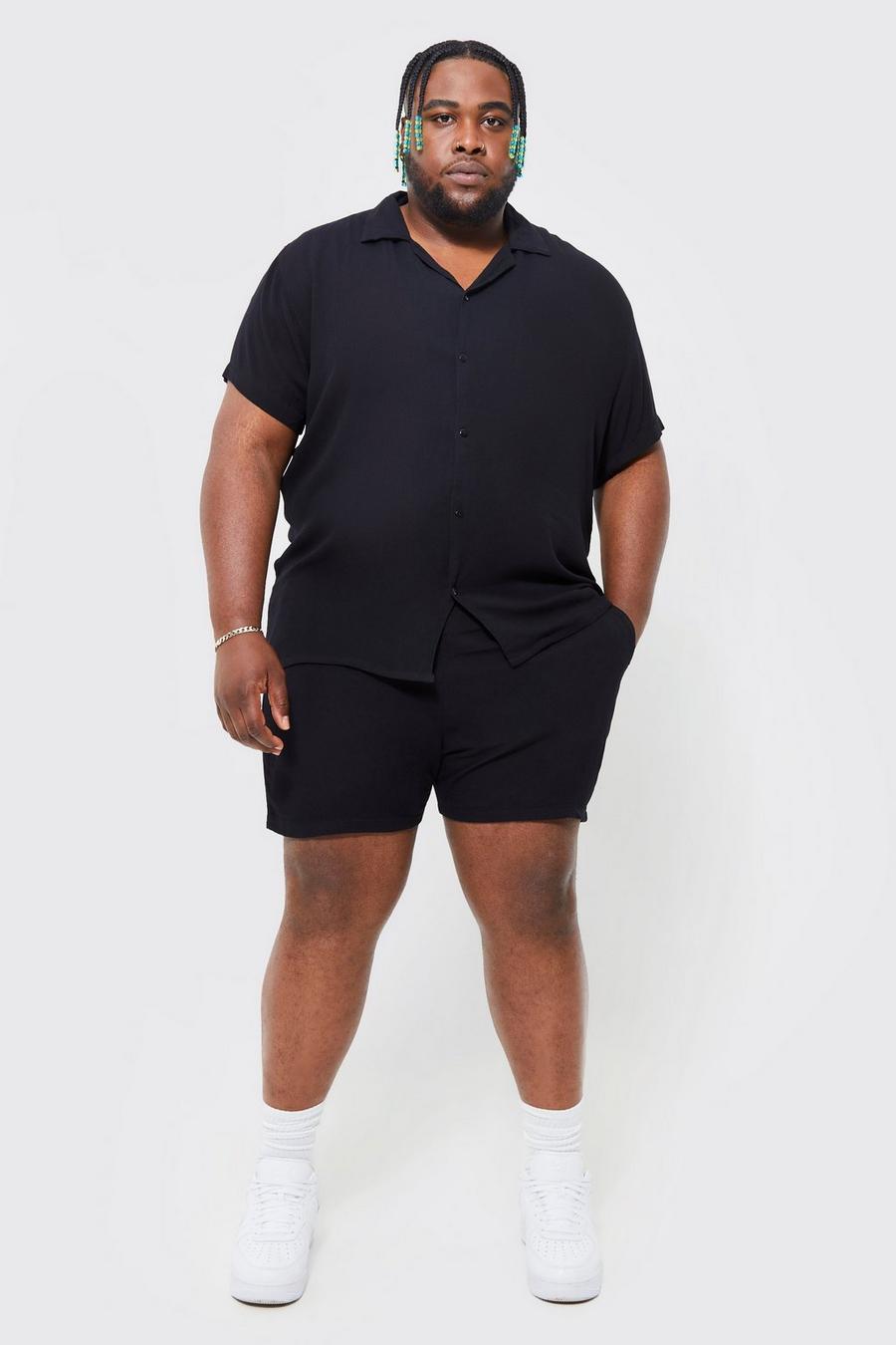 Black Plus Short Sleeve Revere Cheese Cloth Shirt & Short Set