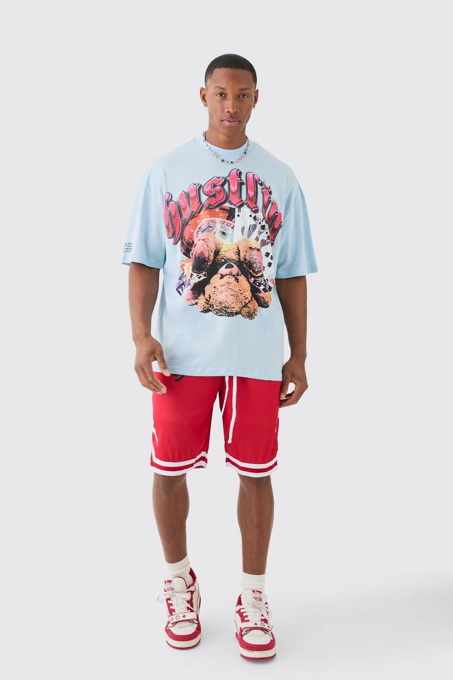 Blue Hustlin Teddy Oversize t-shirt i basketstil image number 1