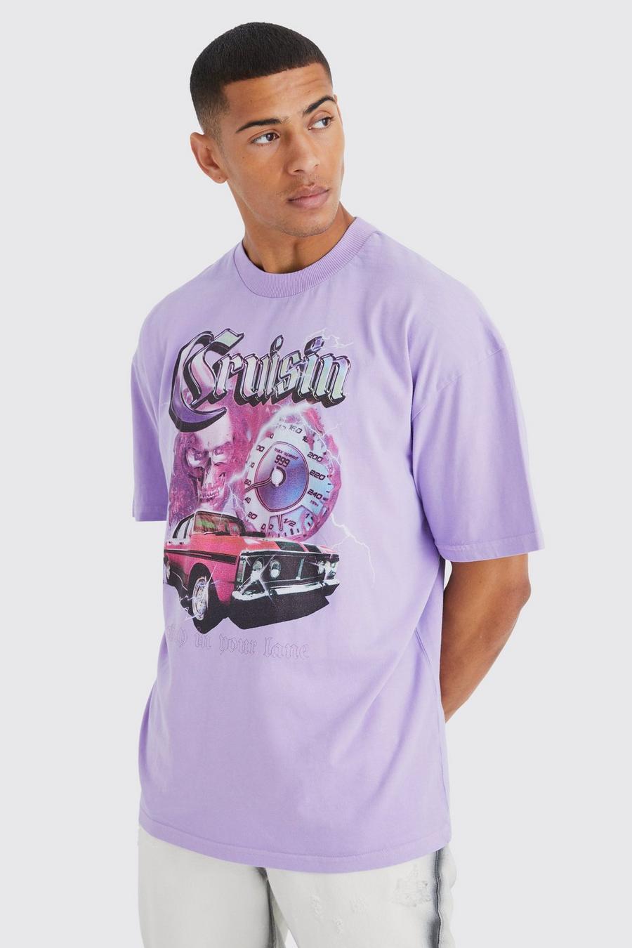 Purple Oversized Cruising Lightning Print T-shirt