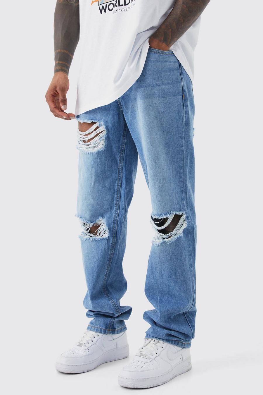 Jeans rilassati in denim rigido con strappi & rattoppi, Mid blue