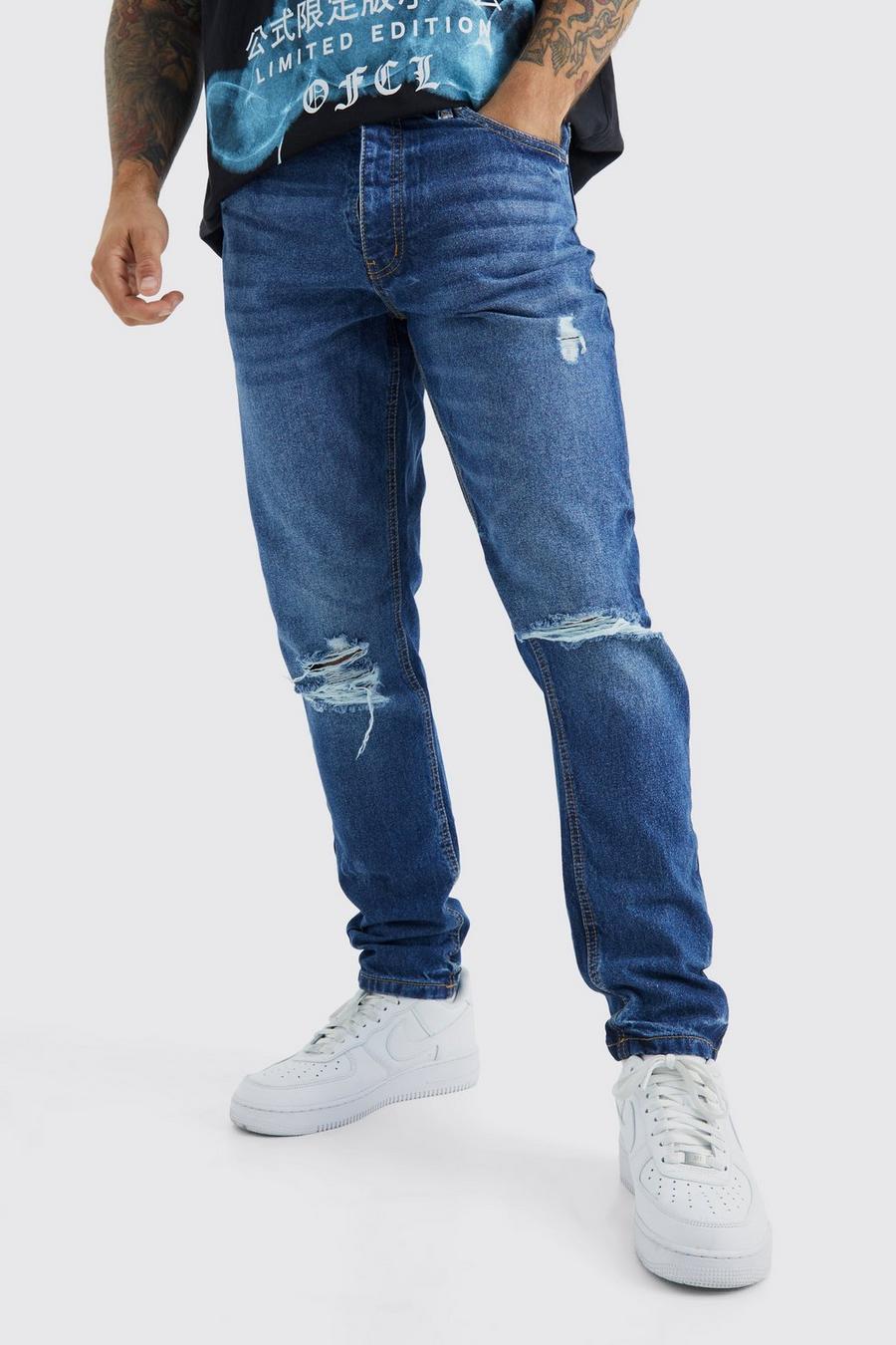 Jeans affusolati in denim rigido con strappi, Mid blue azzurro image number 1