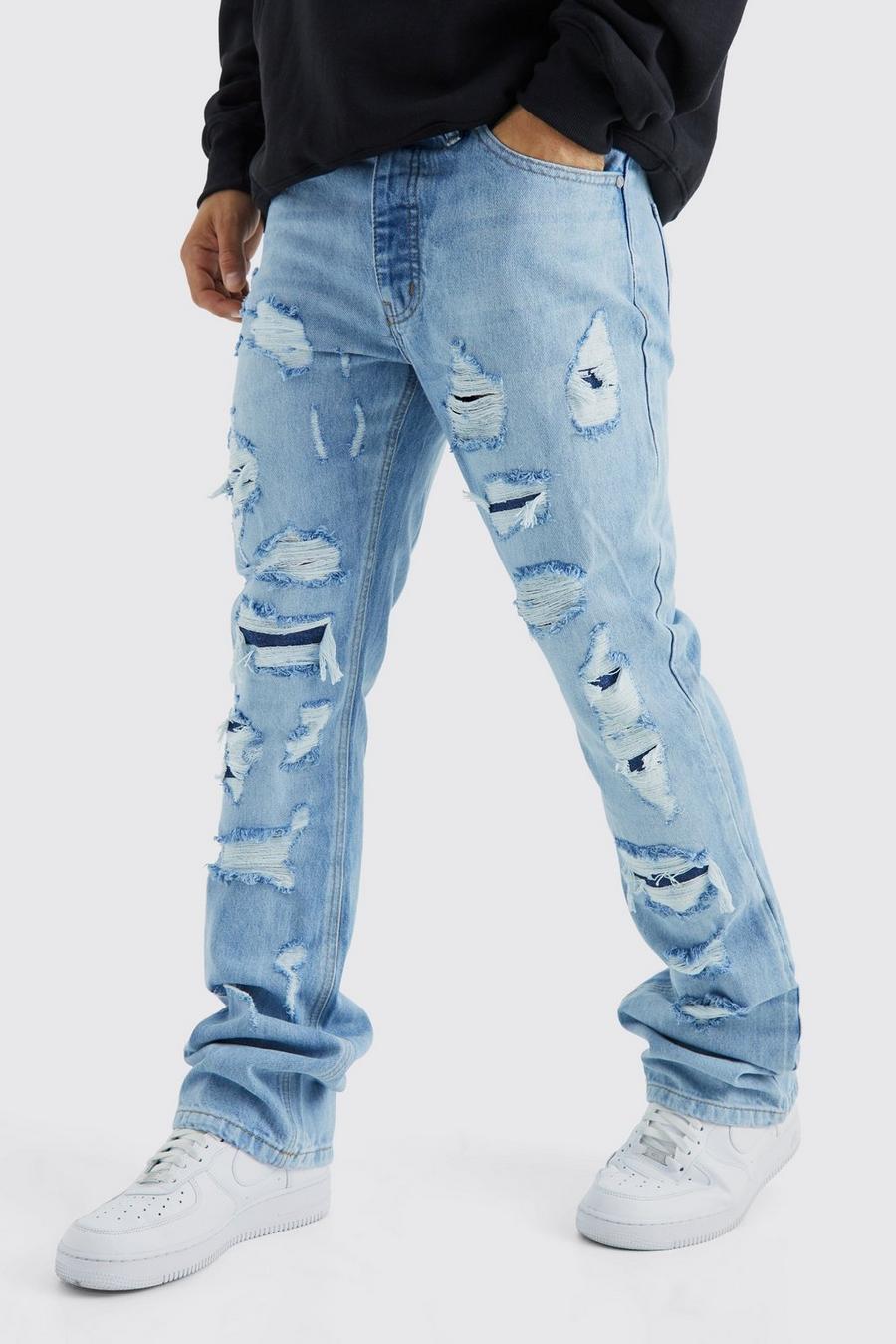 Jeans a zampa Slim Fit in denim rigido con strappi all over, Mid blue azzurro