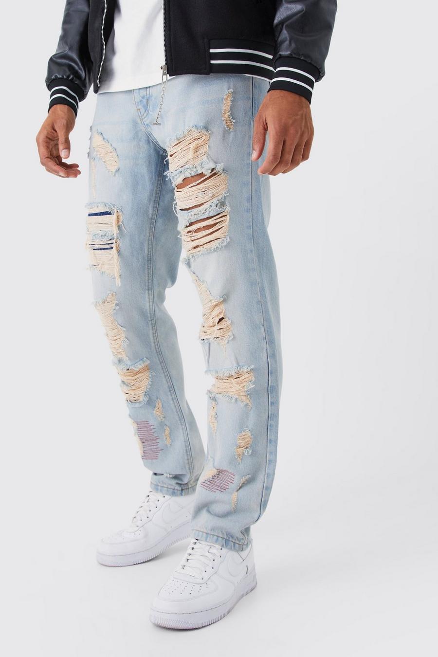 Ice blue Onbewerkte Gescheurde Jeans Met Rechte Pijpen