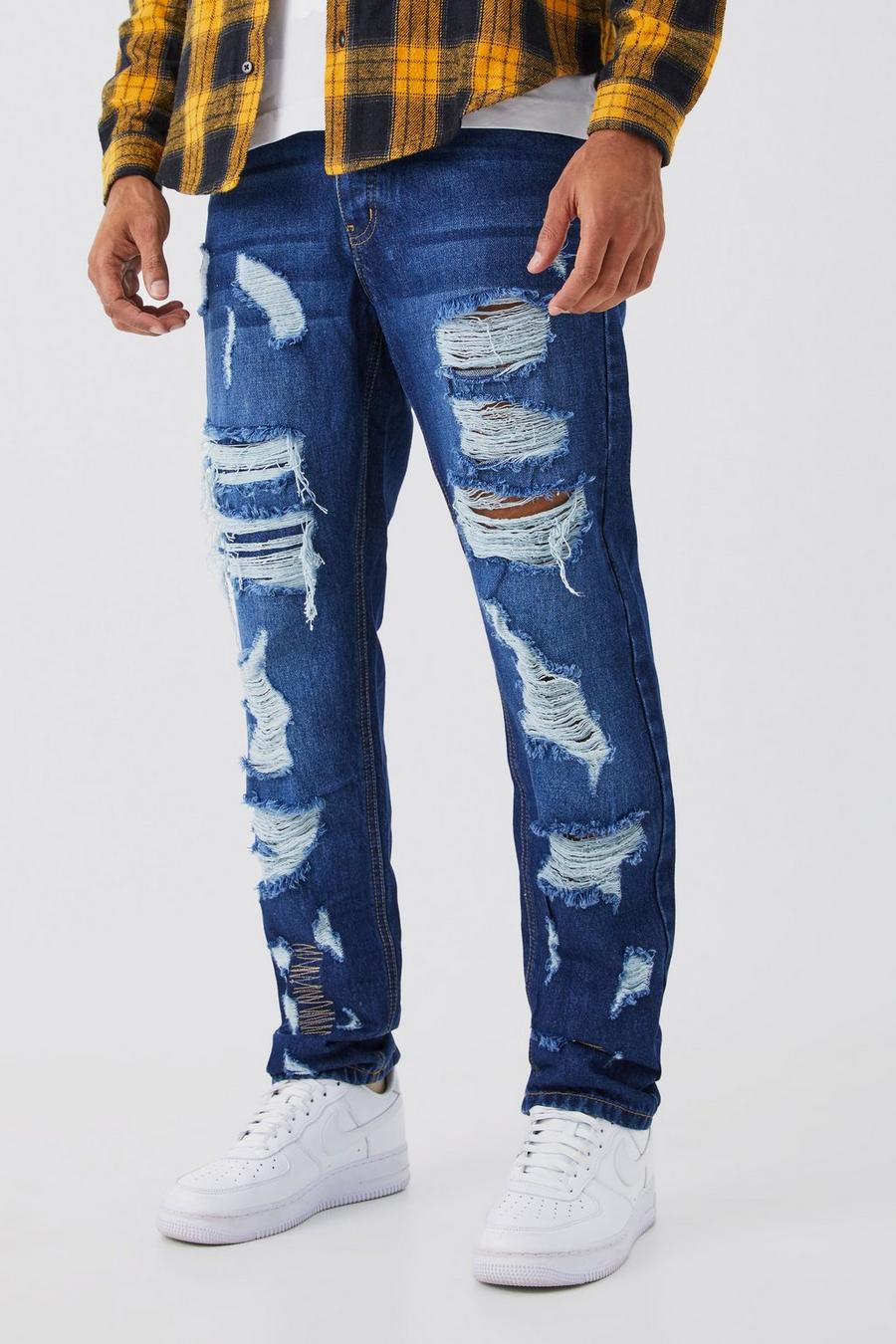 Dark blue Straight Rigid All Over Ripped Jeans image number 1