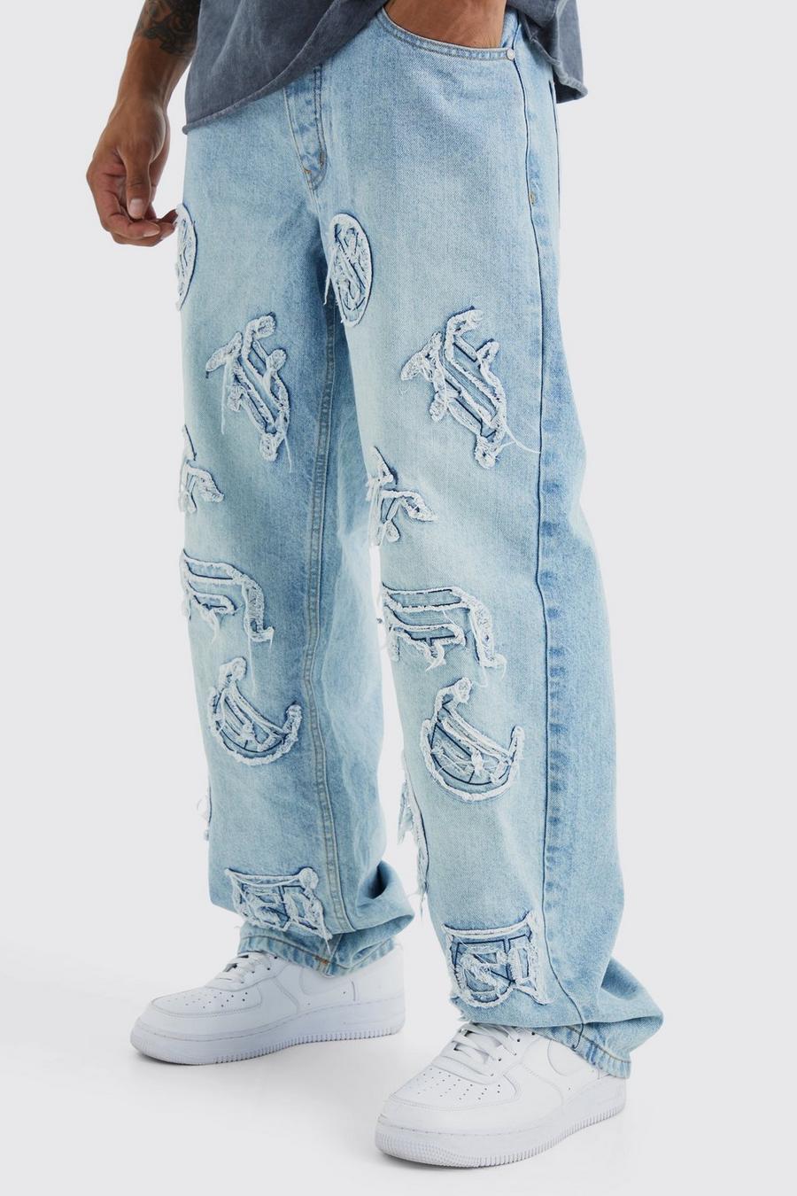 Ice blue Baggy Raw Edge Applique Jeans