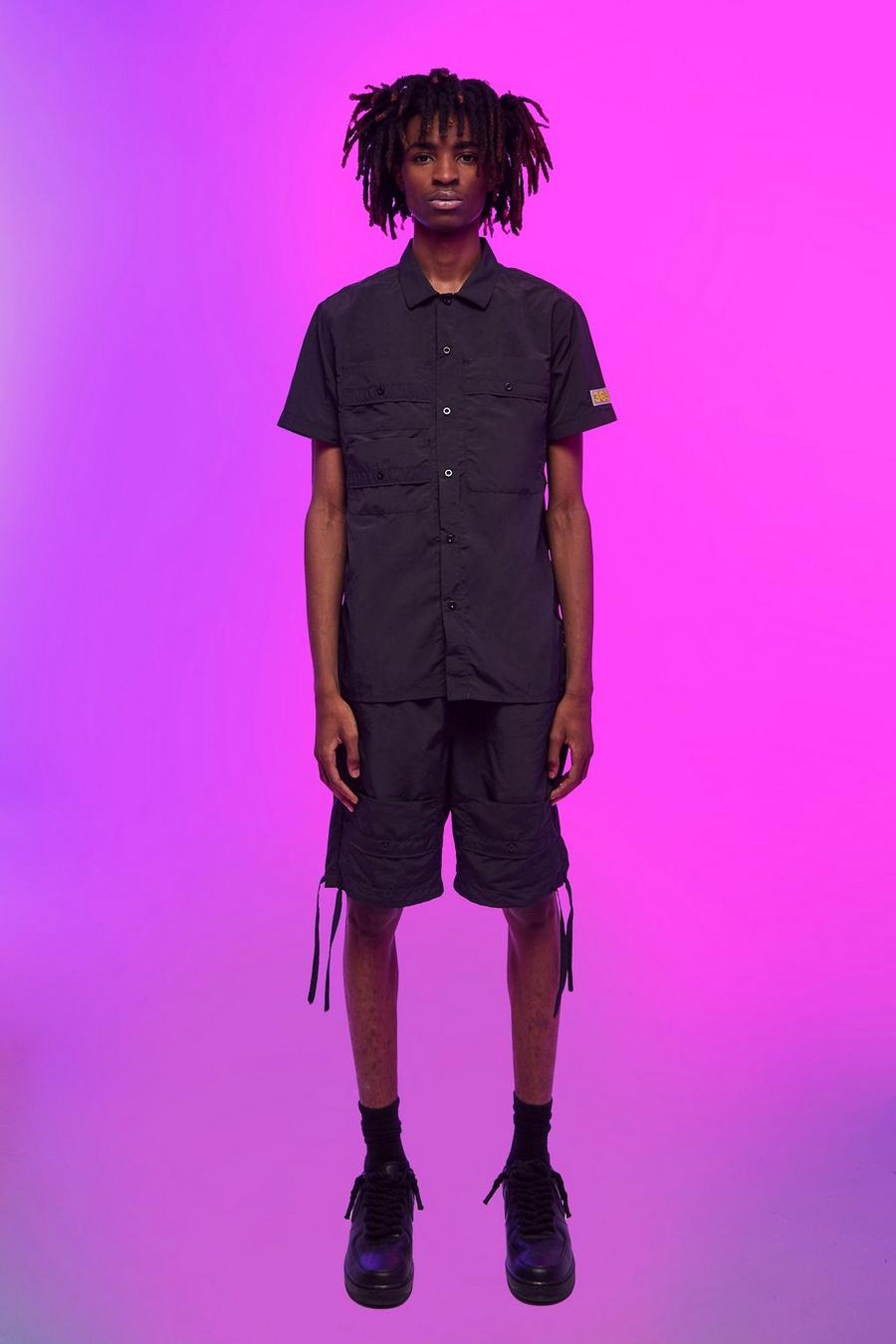 Black nero Short Sleeve Crinkle Nylon Utility Shirt & Short Set