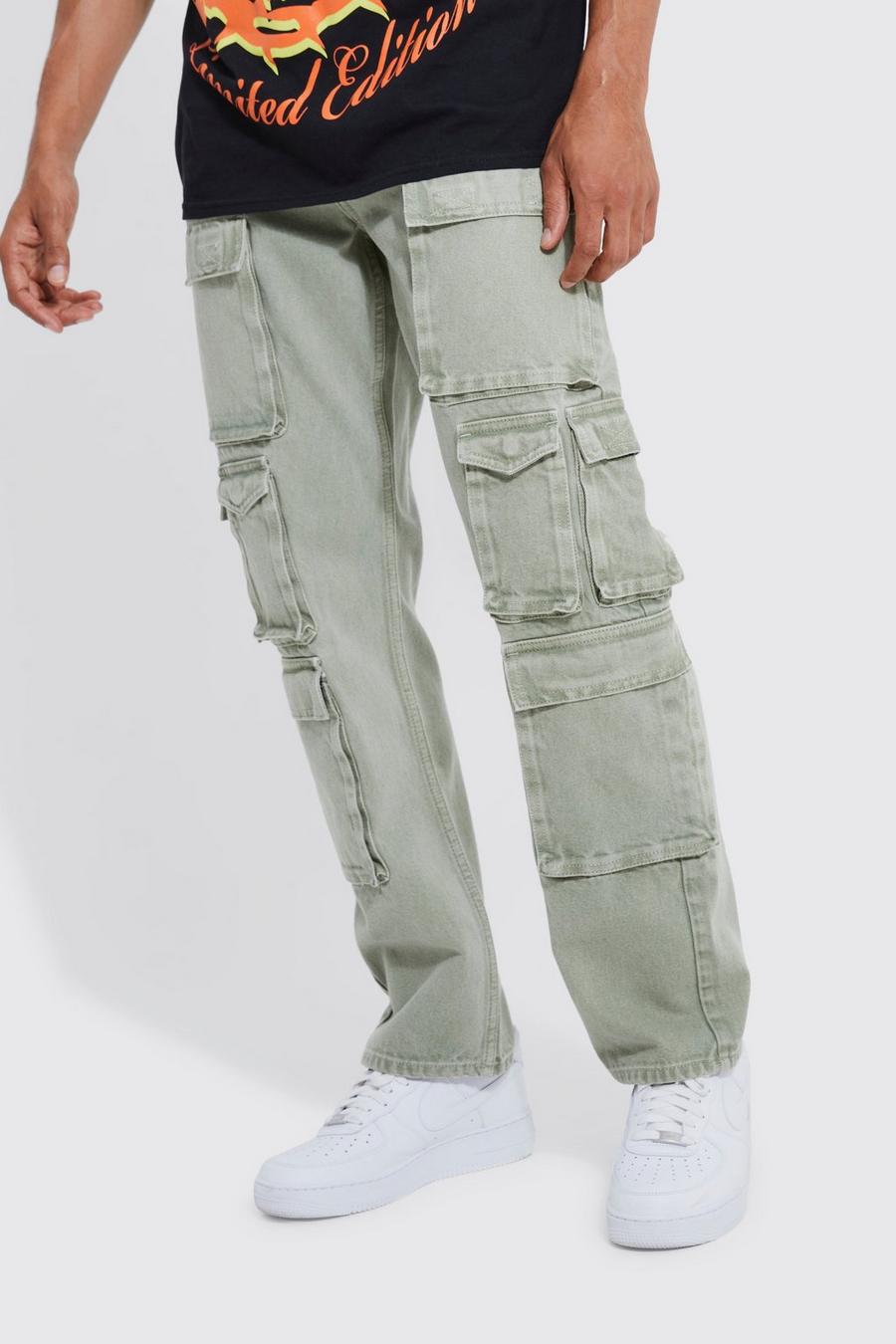 Jeans rilassati slavati con tasche Cargo, Sage image number 1