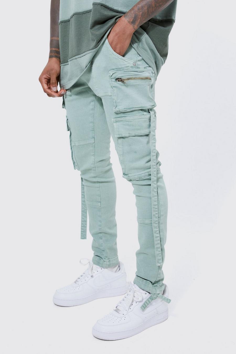 Denim Strap Cargo Jeans - Mid Blue