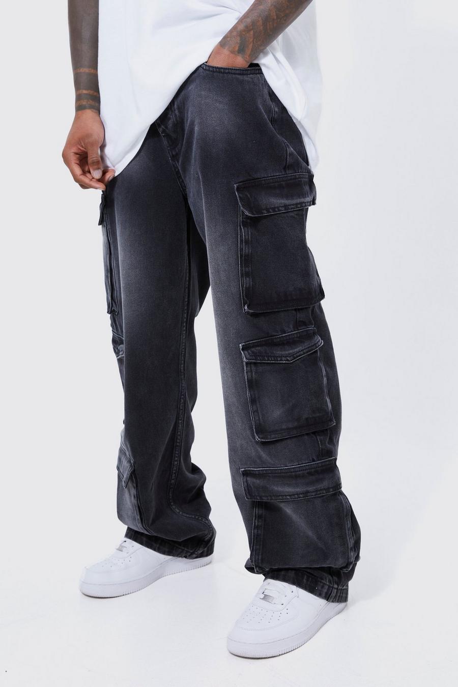 Jeans extra comodi candeggiati in denim rigido con tasche Cargo, Black negro
