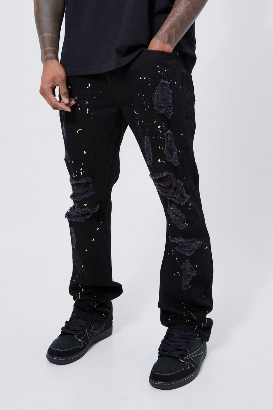 Jeans a zampa Slim Fit in denim rigido con schizzi di colore, Black image number 1