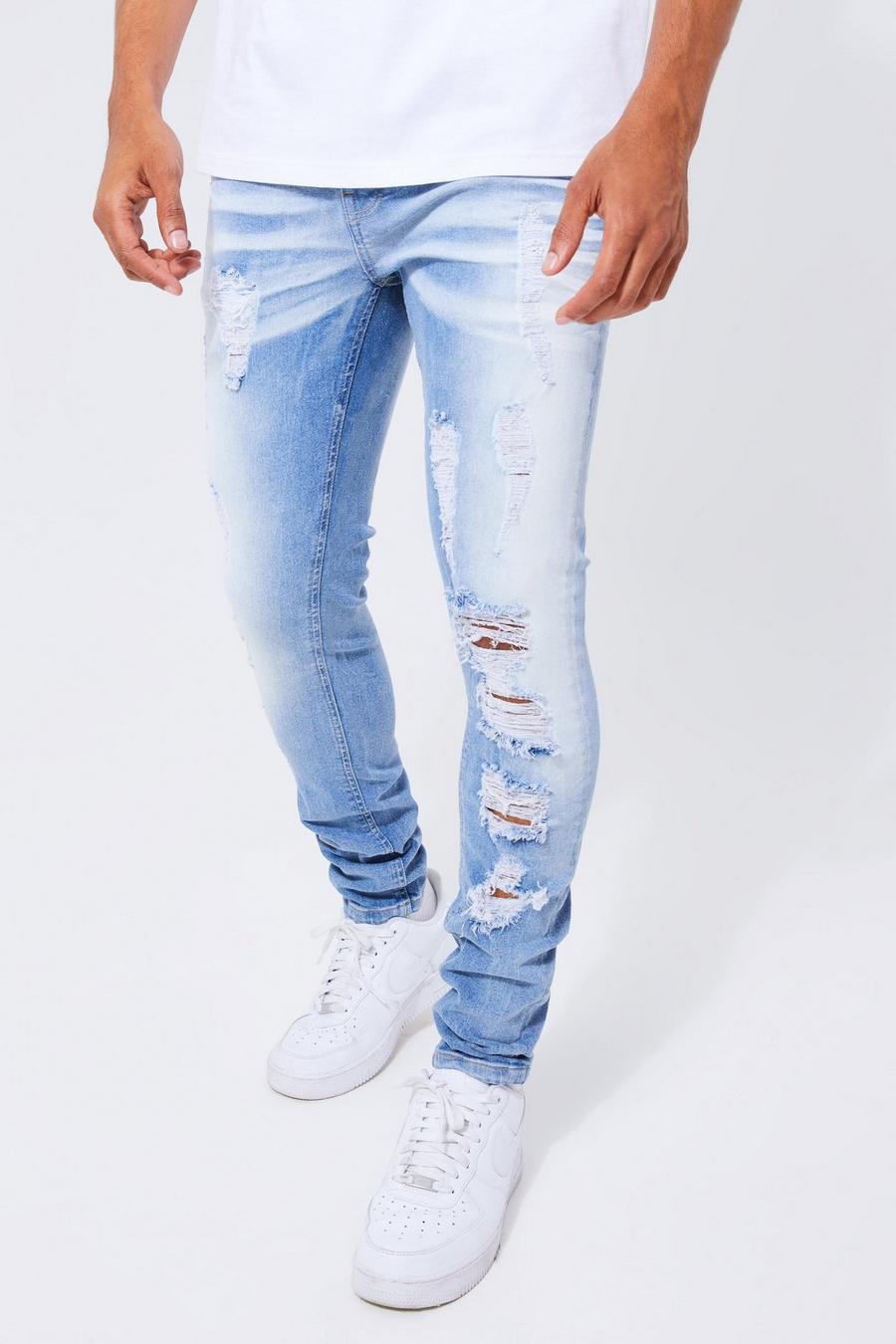 Mid blue Skinny Stretch All Over Rip & Repair Jeans