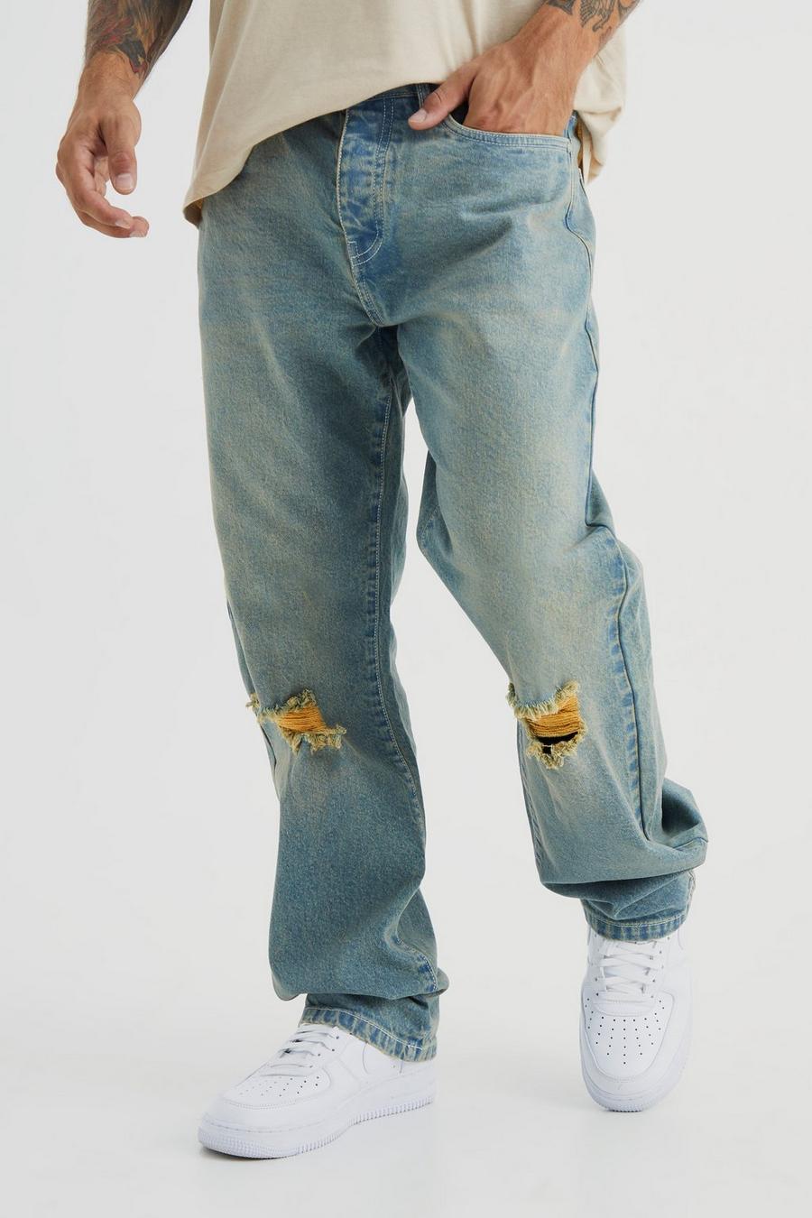 Jeans rilassati in denim rigido colorato con strappi sul ginocchio, Green image number 1