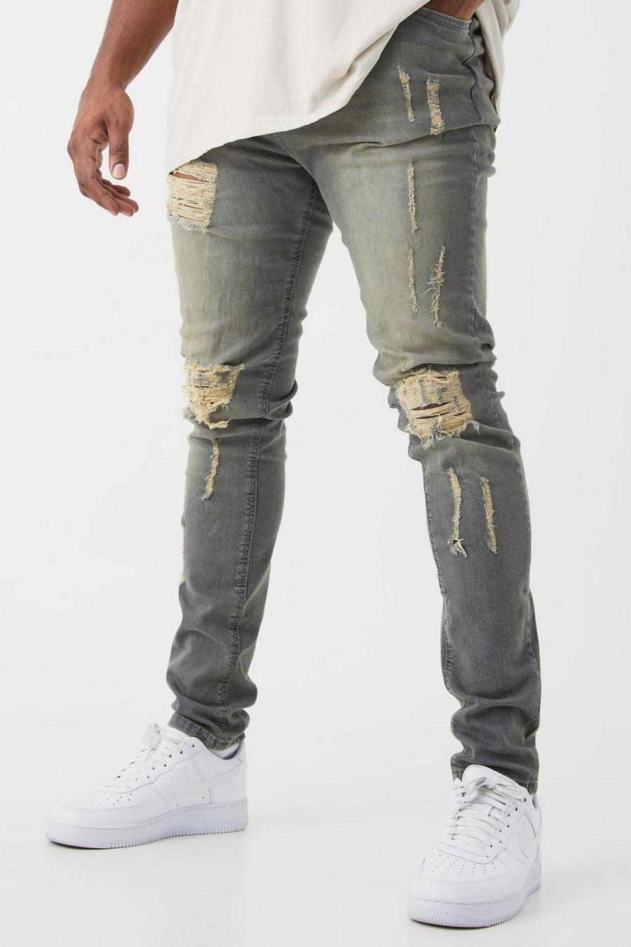 Grey grå Plus Super Skinny Stretch Multi Rip Stacked Jeans