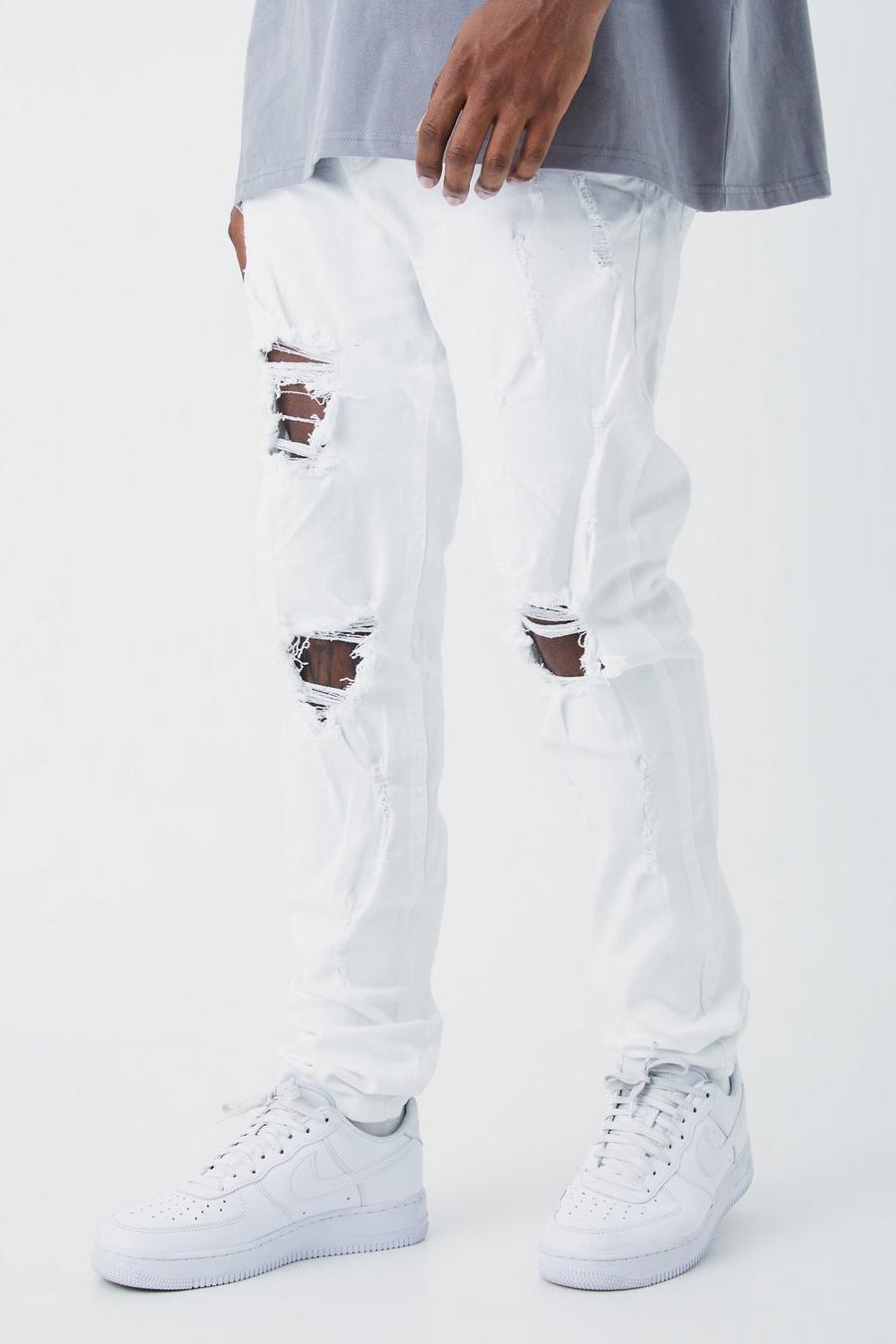 White blanc Plus Super Skinny Stretch Multi Rip Stacked Jeans