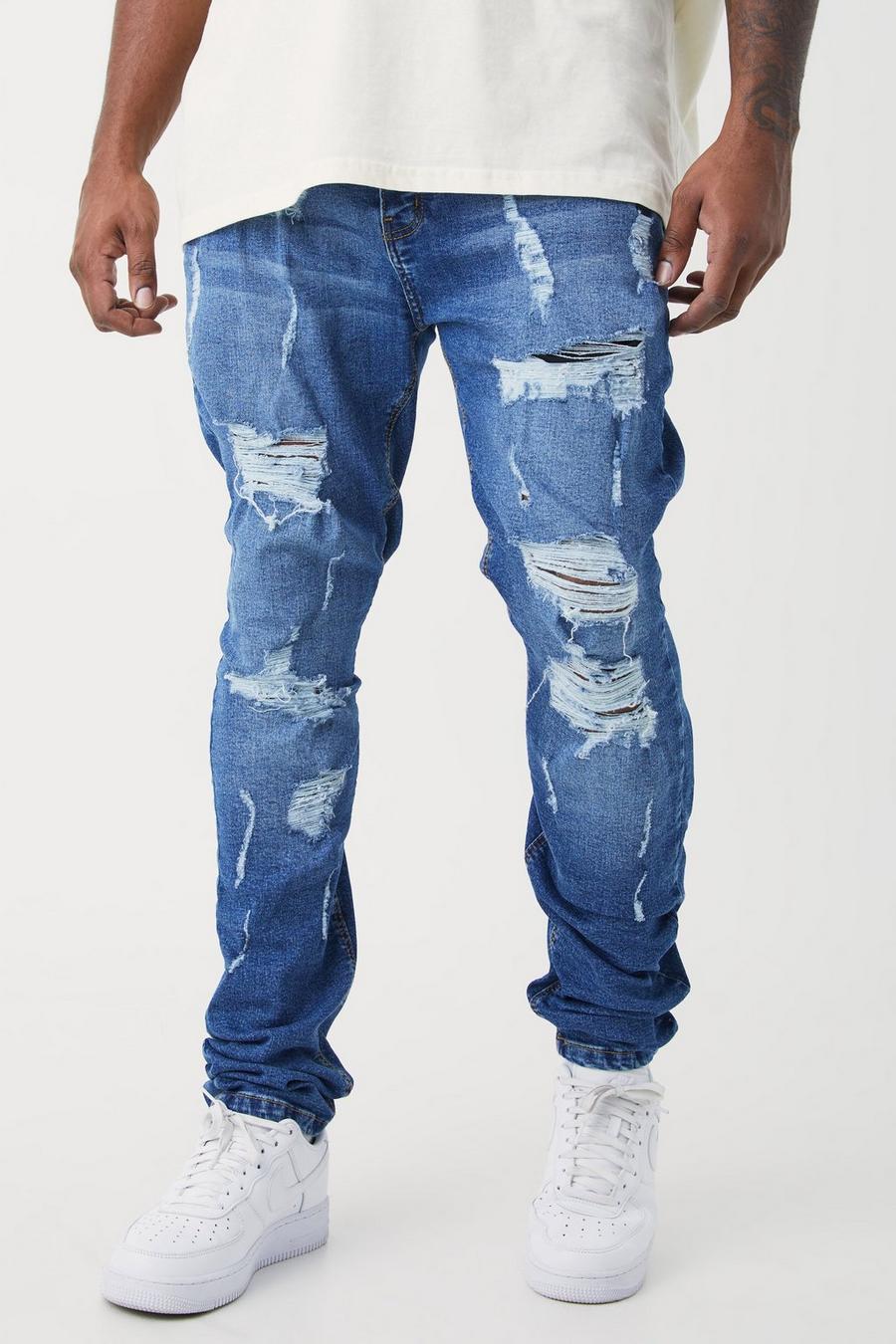 Light blue blå Plus Skinny Stretch All Over Rip Stacked Jeans
