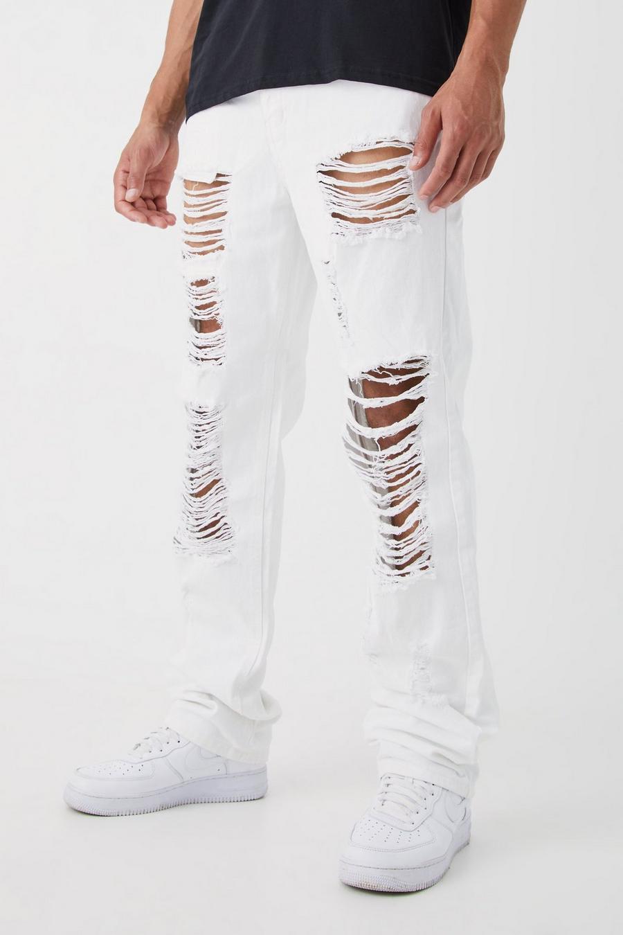 Jeans Tall rilassati in denim rigido con strappi estremi, White bianco