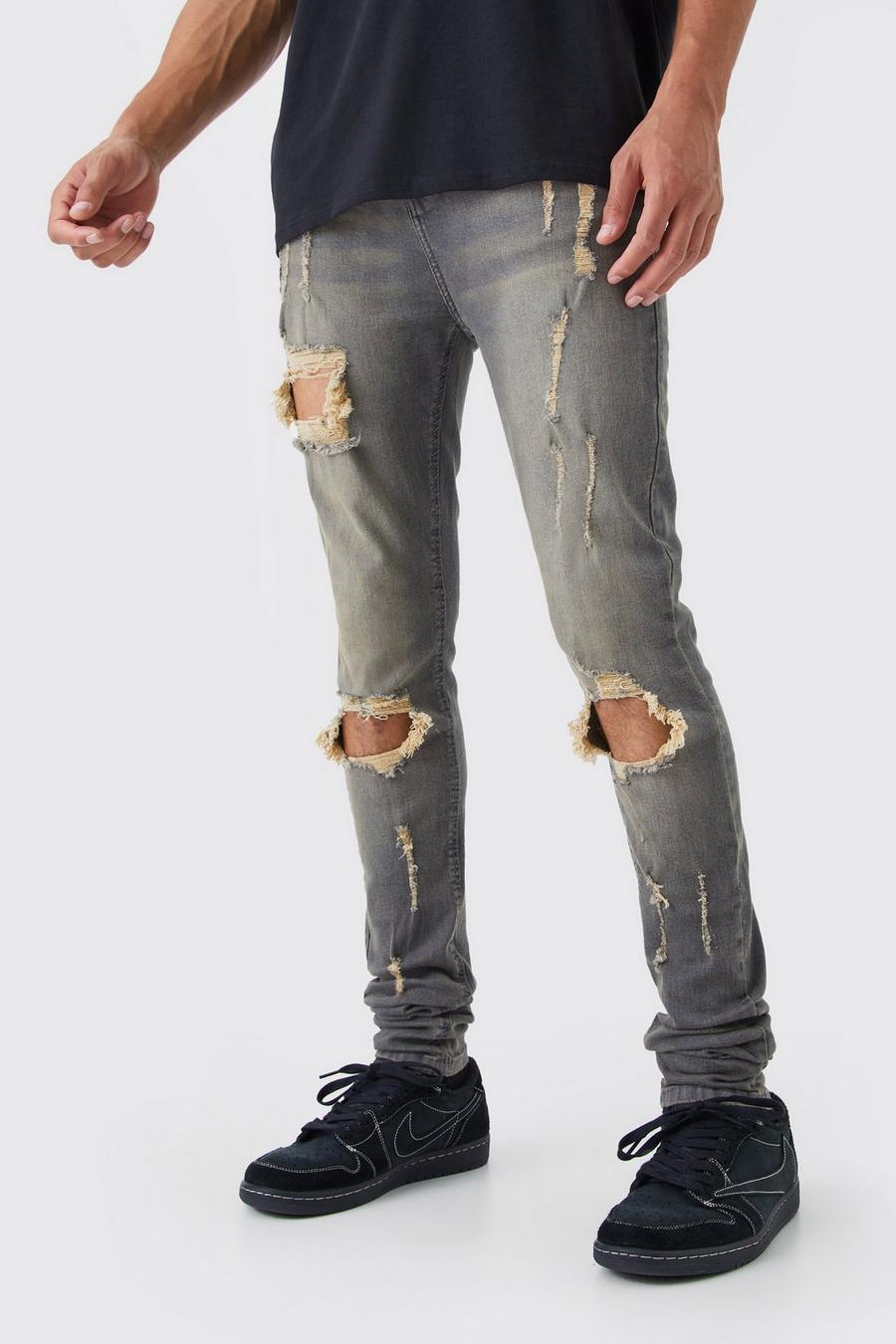 Grey Tall Super Skinny Stretch Multi Rip Stacked Jeans