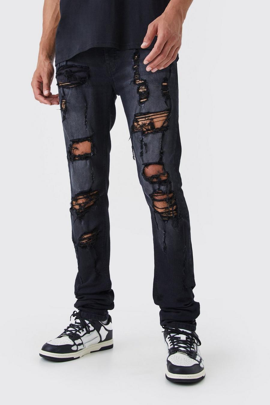 Jeans Tall Skinny Fit in denim Stretch con strappi all over, Washed black image number 1