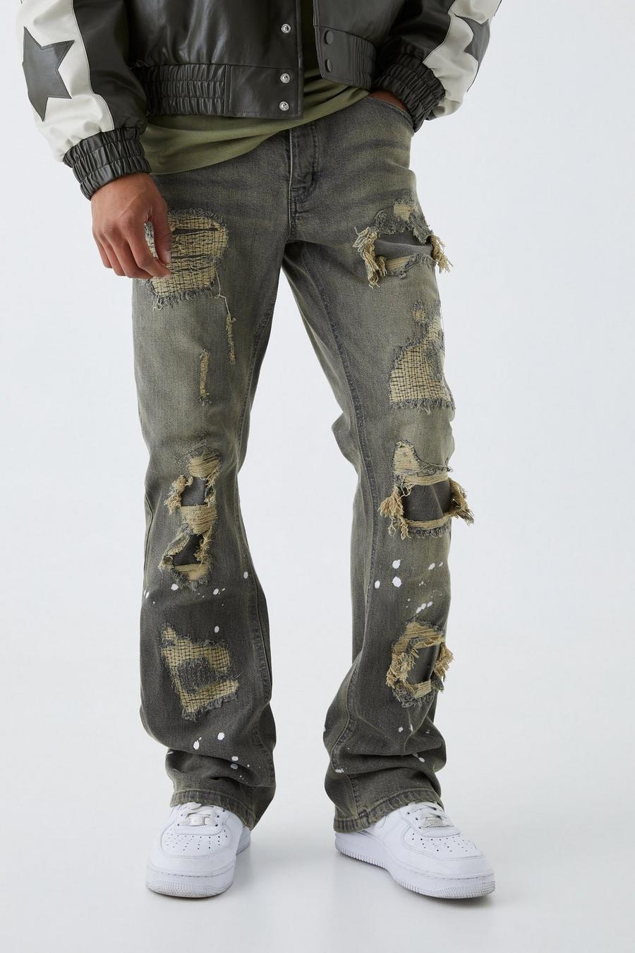 Jeans Slim Fit in denim rigido candeggiati con strappi & rattoppi, Grey grigio