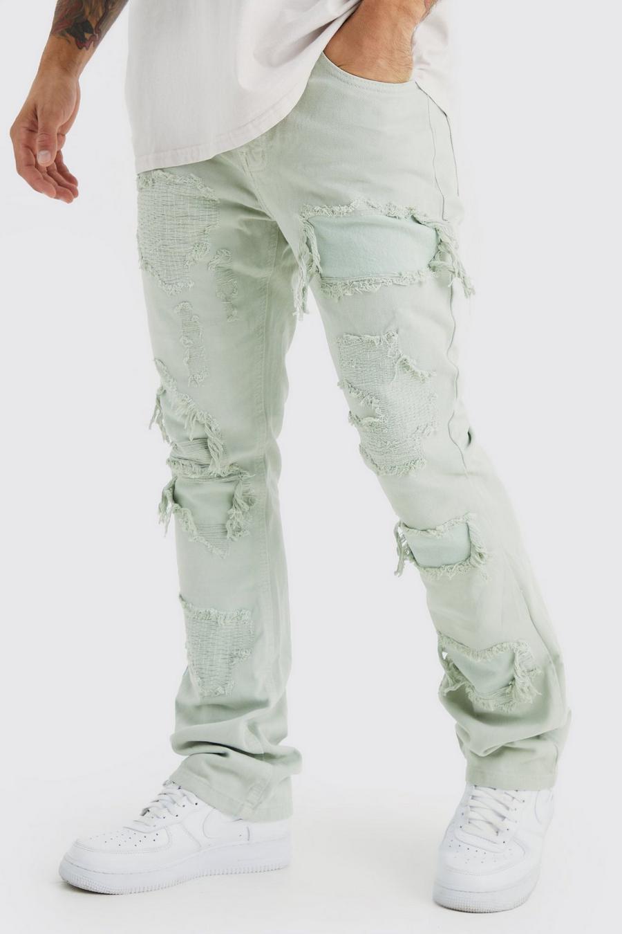 Sage green Slim Rigid Flare Rip & Repair Bleached Jeans