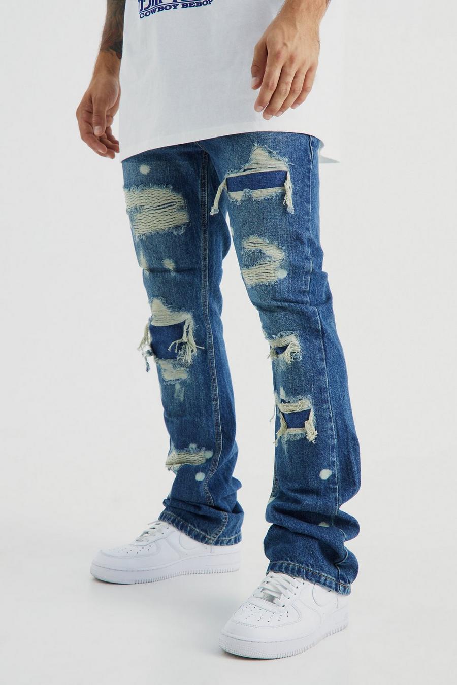 Ice blue Slim Rigid Flare Rip & Repair Bleached Jeans