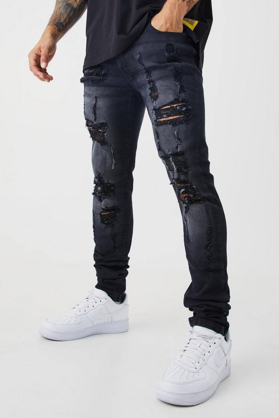 Washed black Skinny Stretch All Over Rip Stacked Jeans