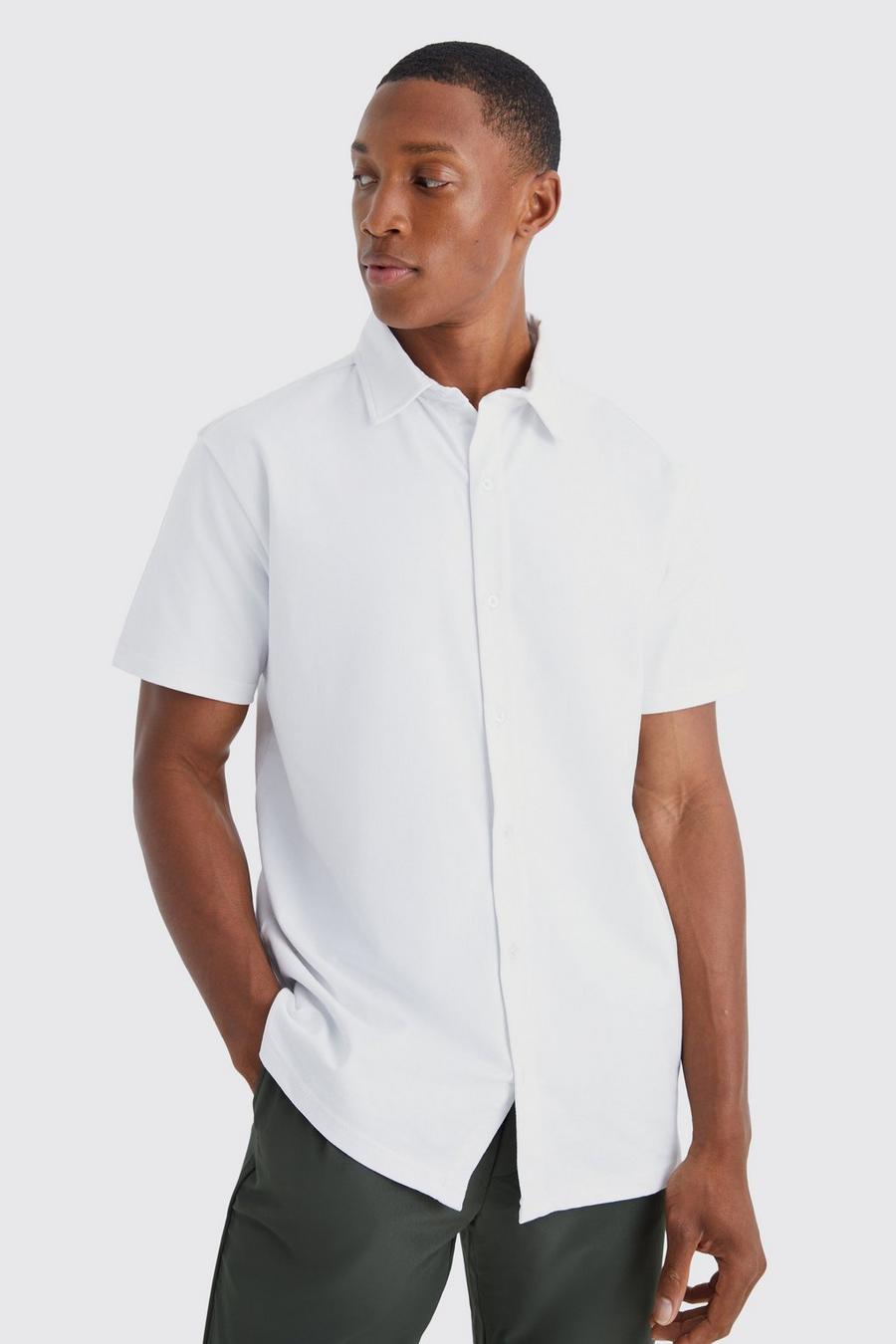 Camicia attillata a maniche corte in jersey, White image number 1