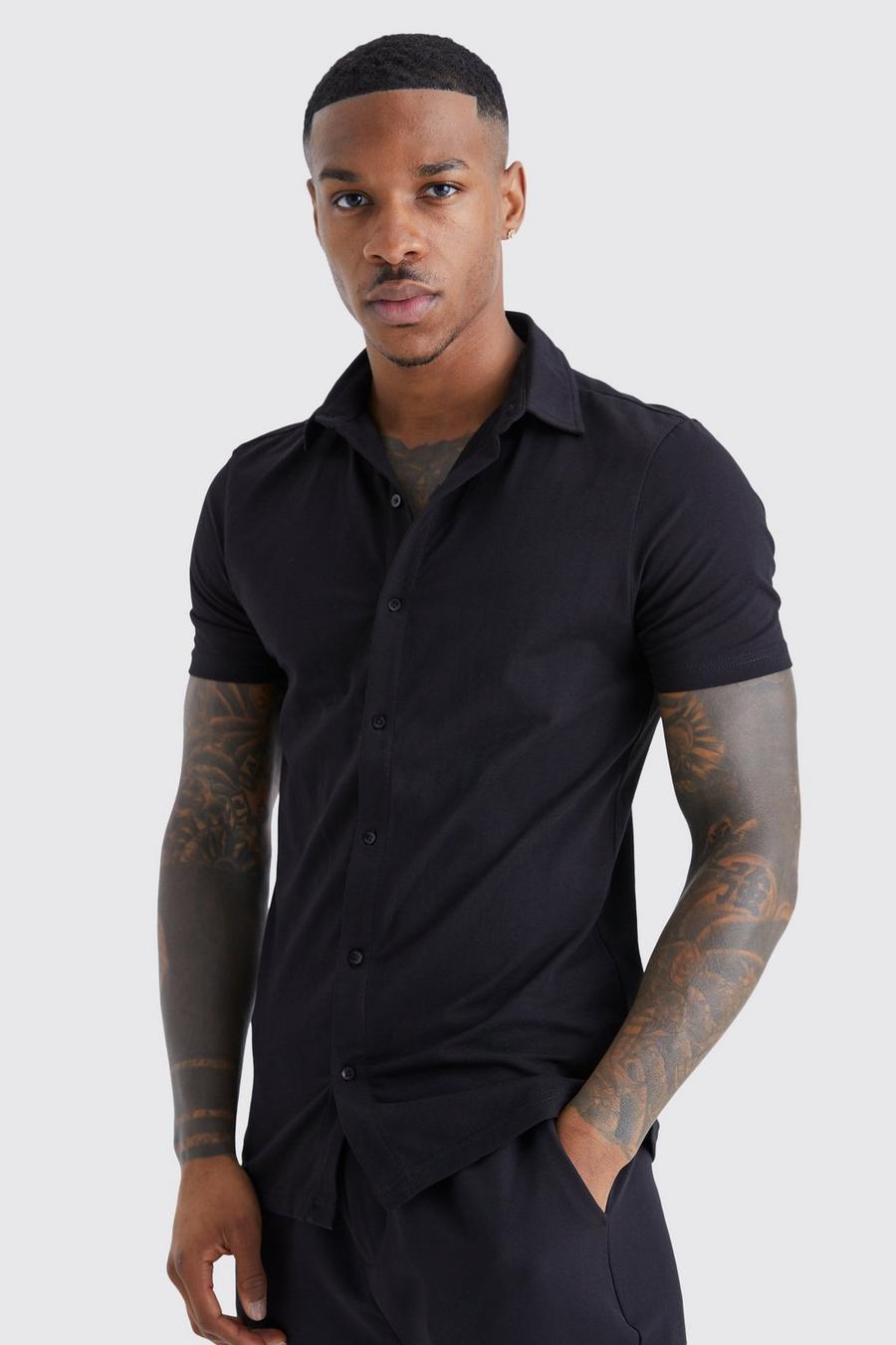Camicia attillata a maniche corte in jersey, Black