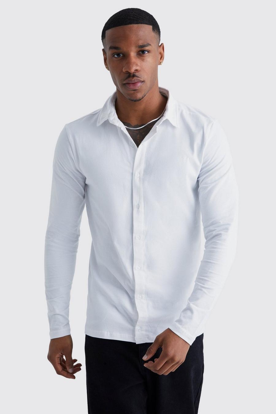 Camisa de manga larga y tela jersey ajustada al músculo, White blanco